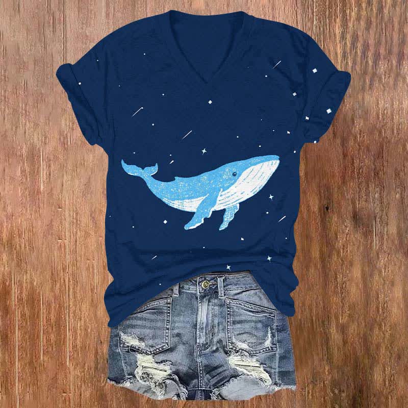 Japanese Lovely Whale In Starry Sky Art Print V-neck T-shirt - Blue - US32-34(5XL) - image 1