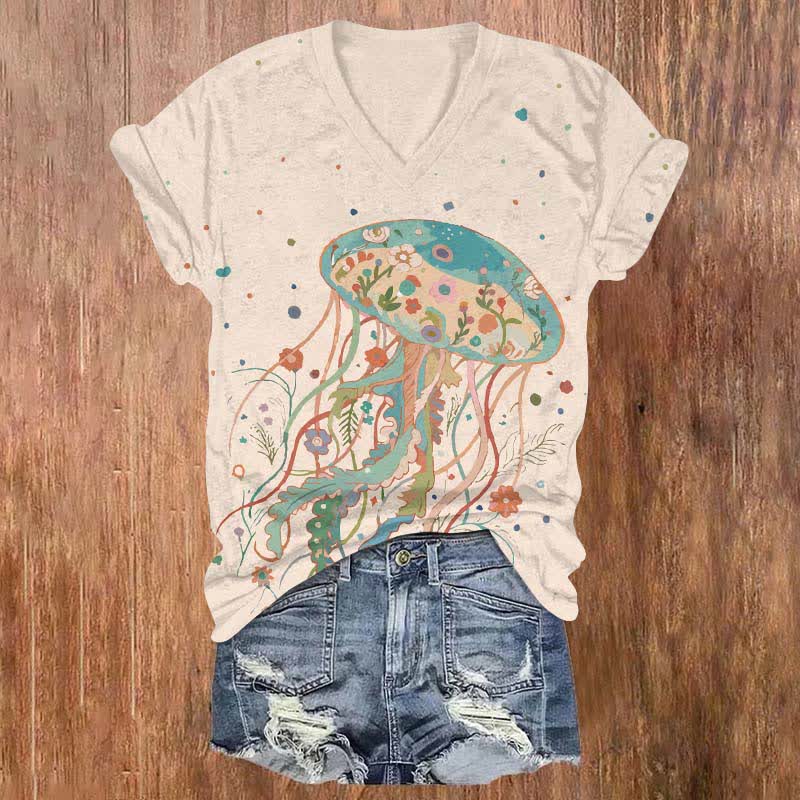 Japanese Creative Floral Jellyfish Art Print V-neck T-shirt - Apricot - US32-34(5XL) - image 3