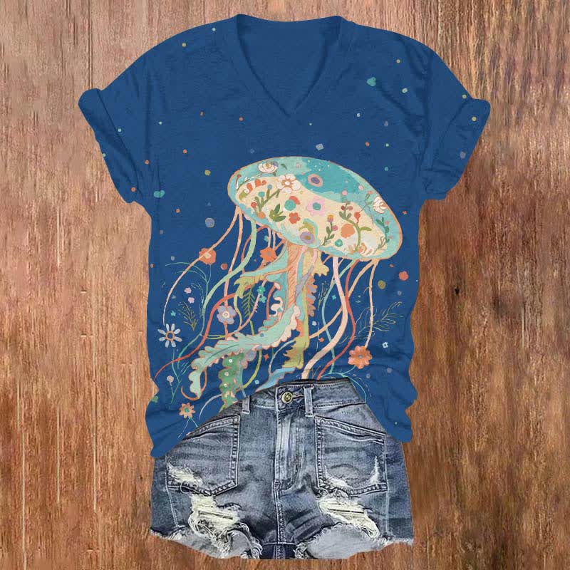 Japanese Creative Floral Jellyfish Art Print V-neck T-shirt - Blue - US32-34(5XL) - image 1