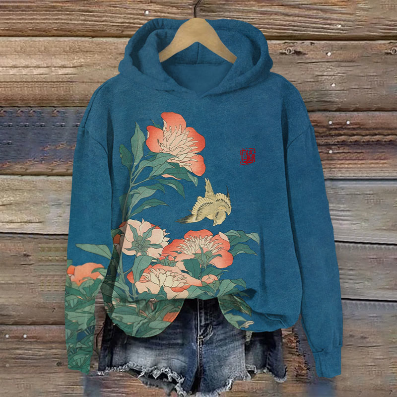 Flower Print Long Sleeve Hoodie - Lake Blue - US44-46(8XL) - image 1