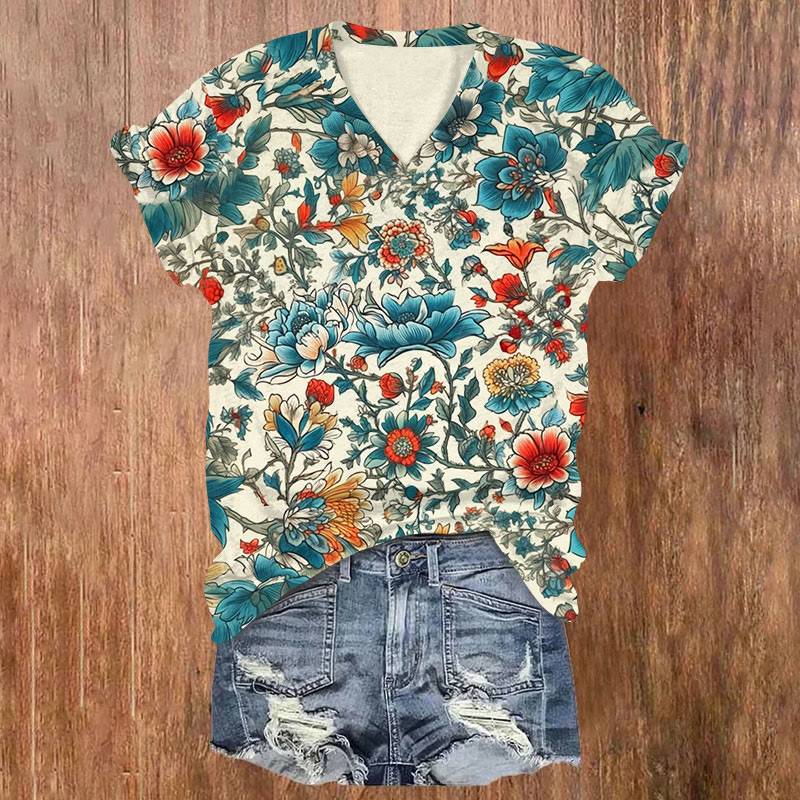 Floral Print v-neck T-Shirt - Blue - US32-34(5XL) - image 1