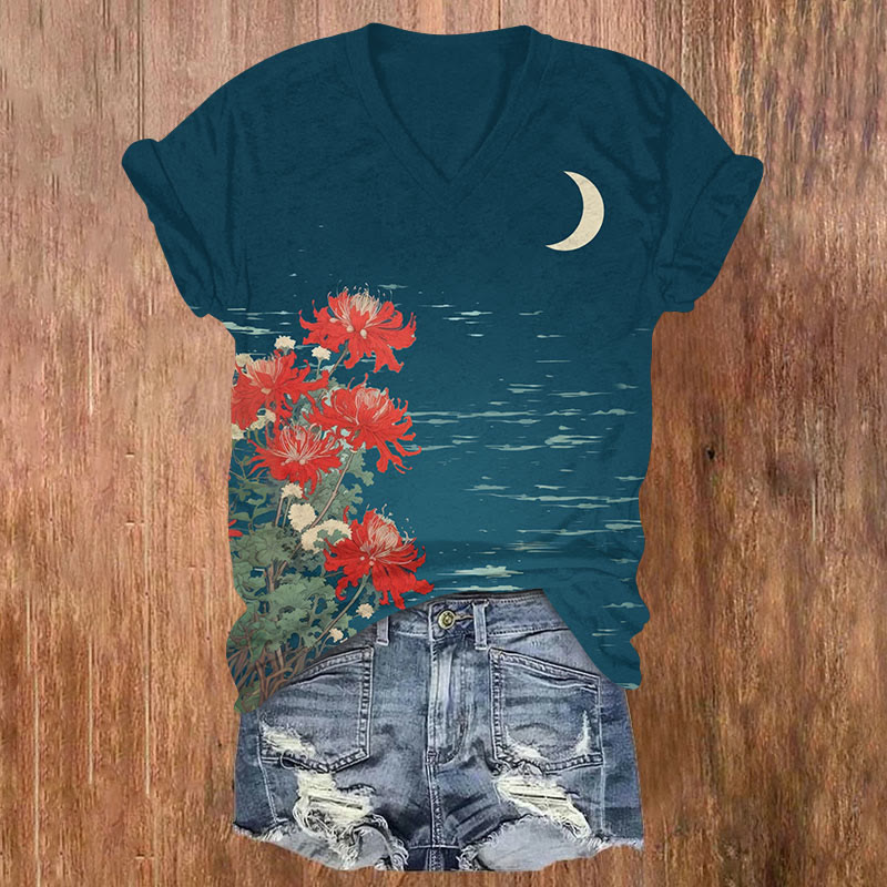 Floral Print V-neck T-shirt - Navy Blue - US32-34(5XL) - image 1