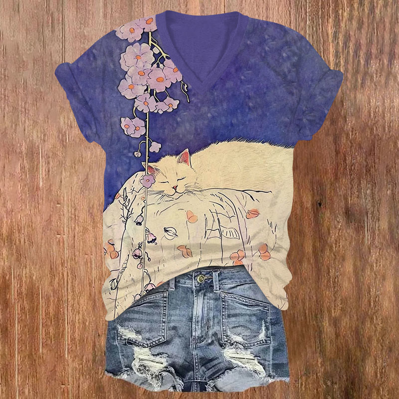 Cat & Floral Print V-neck T-shirt - Purple - US32-34(5XL) - image 1