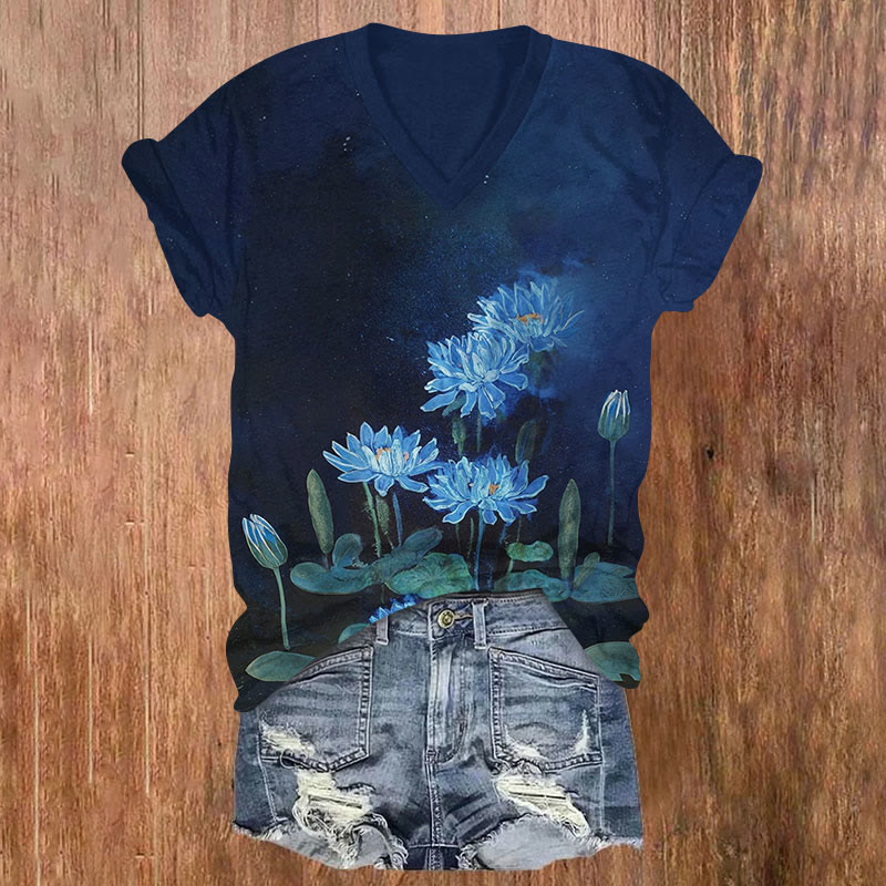 Floral Print V-neck T-shirt - Dark Blue - US32-34(5XL) - image 1
