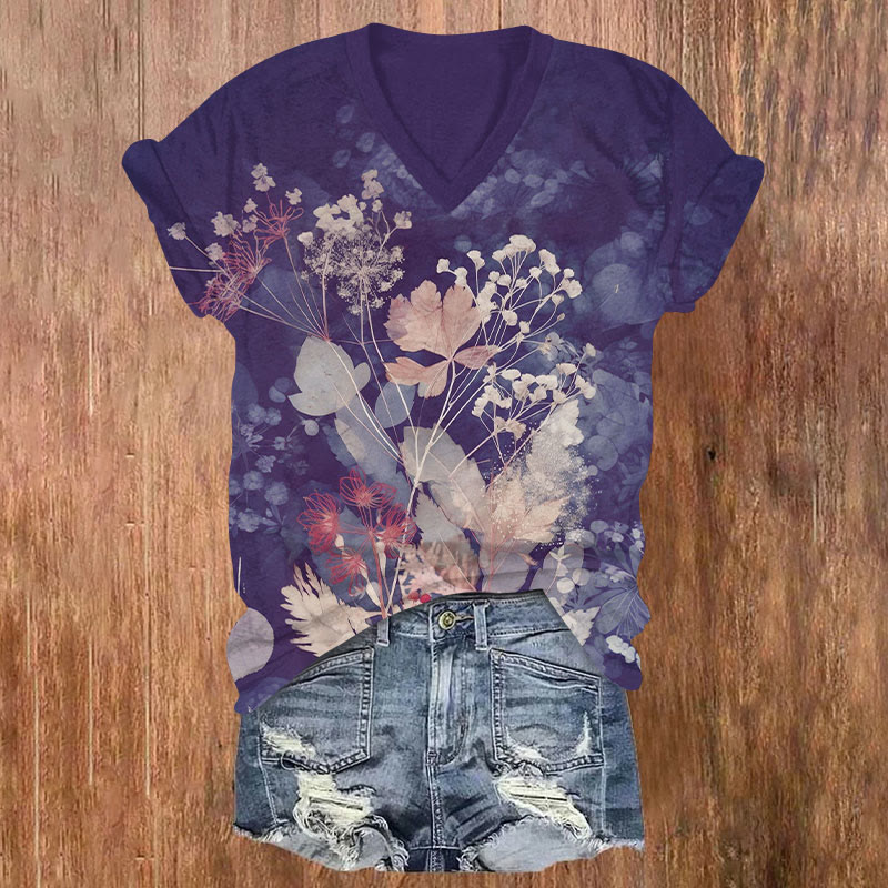 Watercolor Leaves & Floral Print V-neck T-shirt - Purple - US32-34(5XL) - image 1
