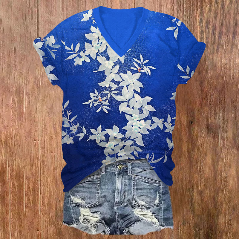 Watercolor Floral Print V-neck T-shirt - Blue - US32-34(5XL) - image 1