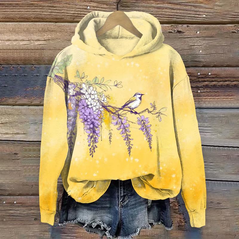 Birds & Floral Print Long Sleeve Hoodie - Yellow - US44-46(8XL) - image 1