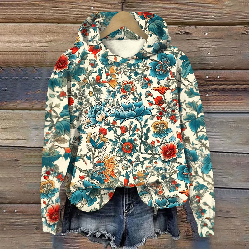 Floral Print Long Sleeve Hoodie - Blue - US44-46(8XL) - image 1