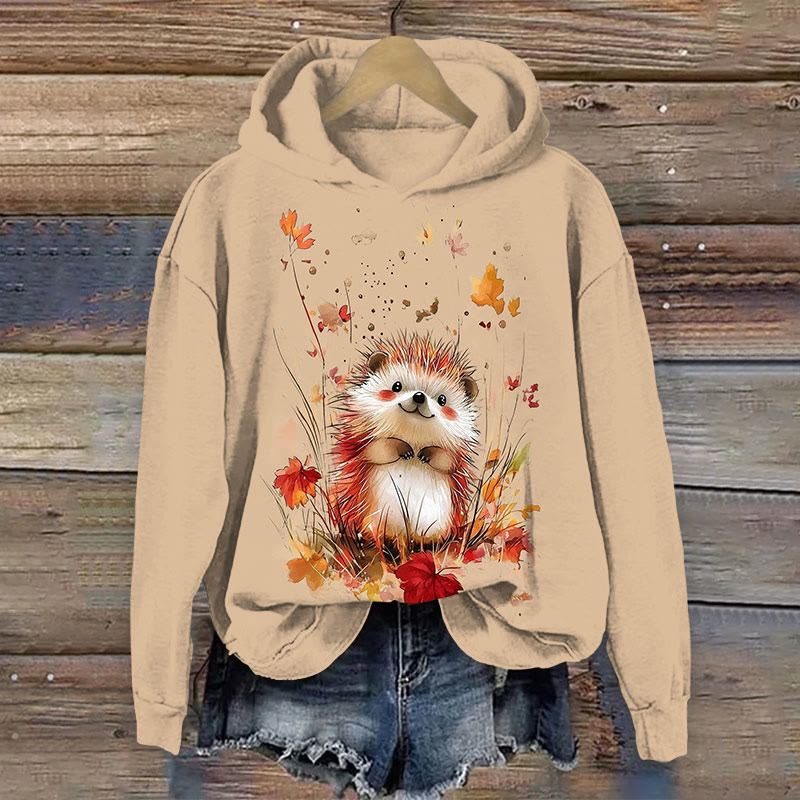 Hedgehog & Leaf Print Long Sleeve Hoodie - Apricot - US44-46(8XL) - image 1