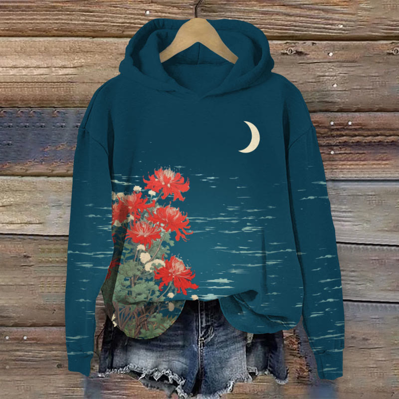 Floral Print Long Sleeve Hoodie - Lake Blue - US44-46(8XL) - image 1