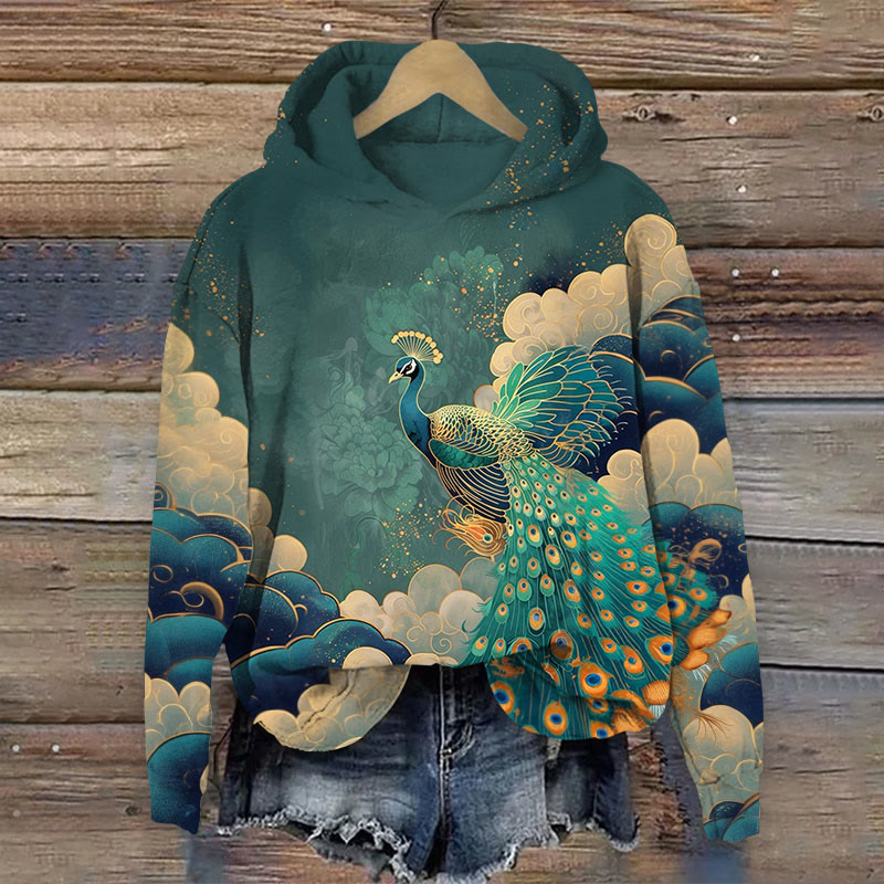 Peacock Print Long Sleeve Hoodie - Dark Green - US44-46(8XL) - image 1