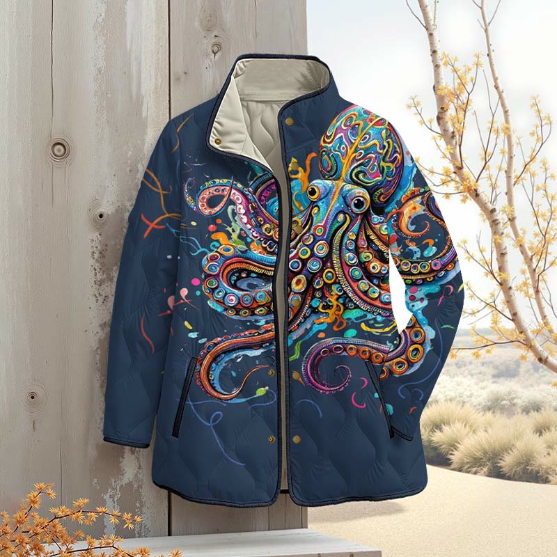 Vintage Rainbow Octopus Art Print Outerwear Jackets - Navy Blue - 4XL - image 3
