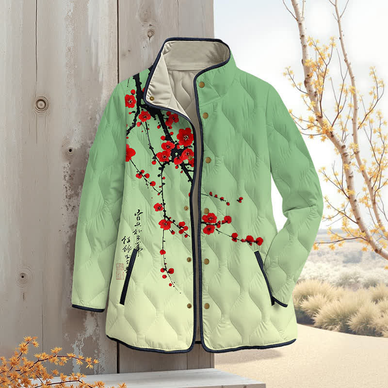 Japanese Vintage Plum Blossom Art Print Outerwear Jackets - Blue - 4XL - image 1