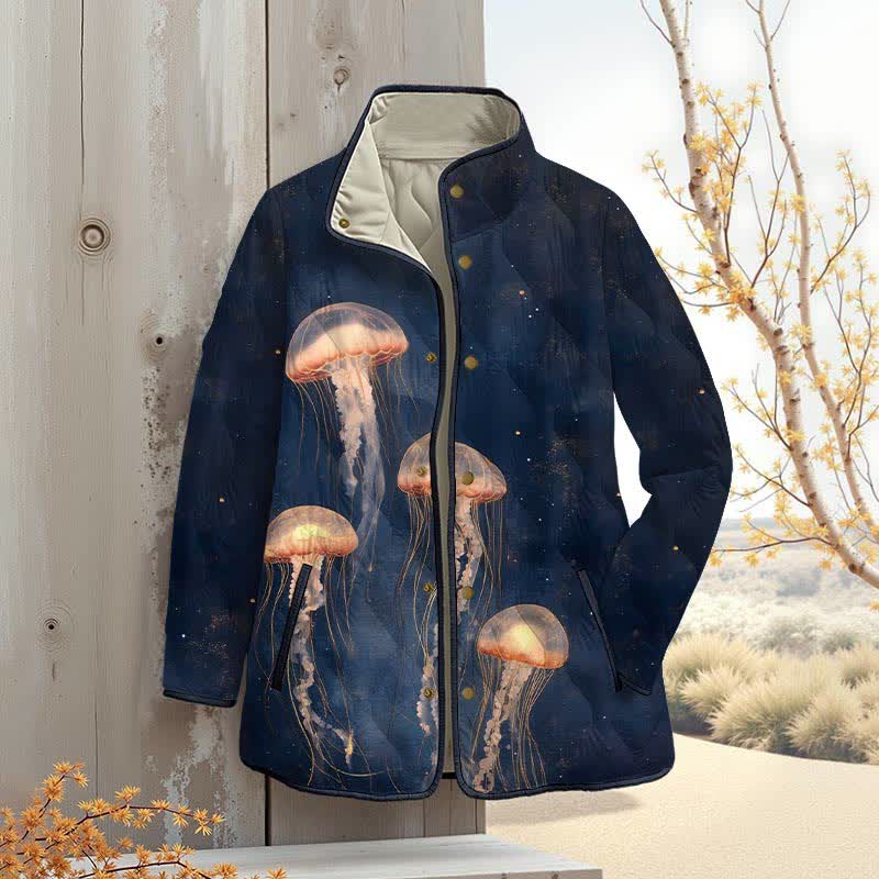 Vintage Lovely Orange Jellyfish Art Print Outerwear Jackets - Dark Blue - 4XL - image 1