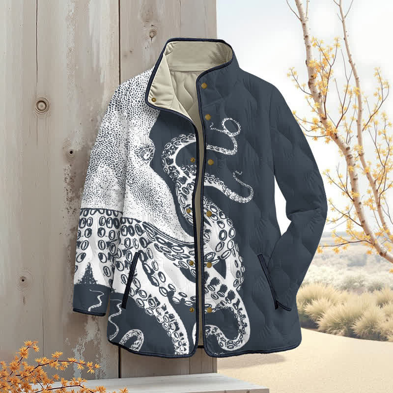 Japanese Art Octopus Graphic Print Outerwear Jackets - Grey - 4XL - image 3