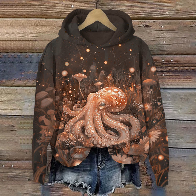 Octopus With Leaves Print Long Sleeve Hoodie - Brown - US44-46(8XL) - image 1