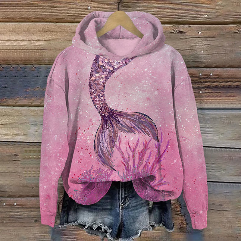 Ocean Mermaid Print Long Sleeve Hoodie - Rose - US44-46(8XL) - image 2