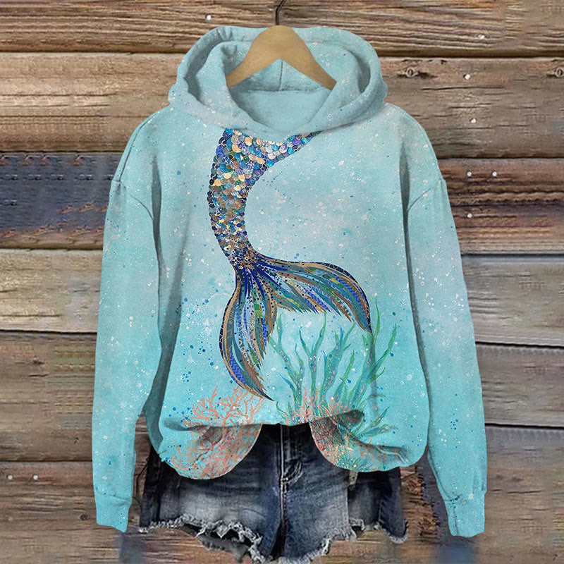 Ocean Mermaid Print Long Sleeve Hoodie - Green - US44-46(8XL) - image 1