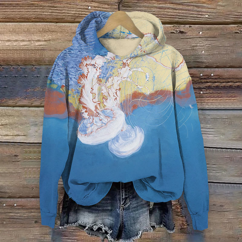Watercolor Jellyfish Print Long Sleeve Hoodie - Blue - US44-46(8XL) - image 1