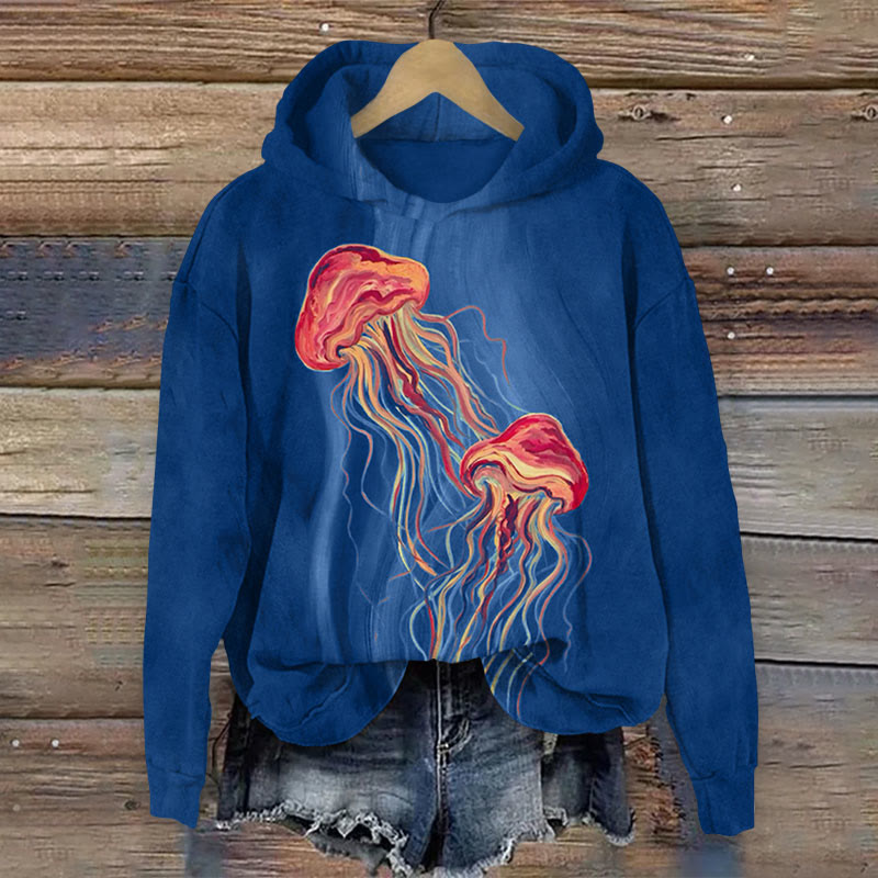 Ocean Jellyfish Print Long Sleeve Hoodie - Blue - US44-46(8XL) - image 2