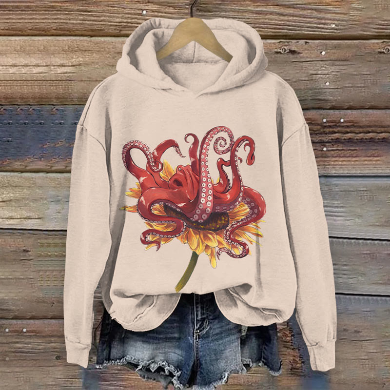 Octopus With Flower Print Long Sleeve Hoodie - Apricot - US44-46(8XL) - image 1