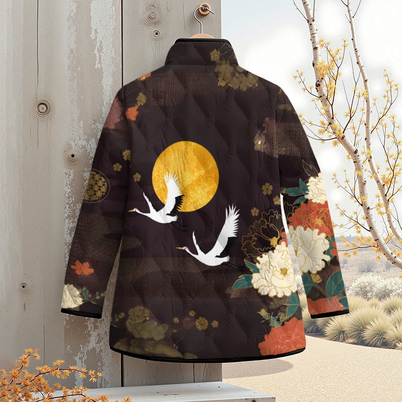 Vintage Japanese Peony Crane Art Print Outerwear Jackets - image 2