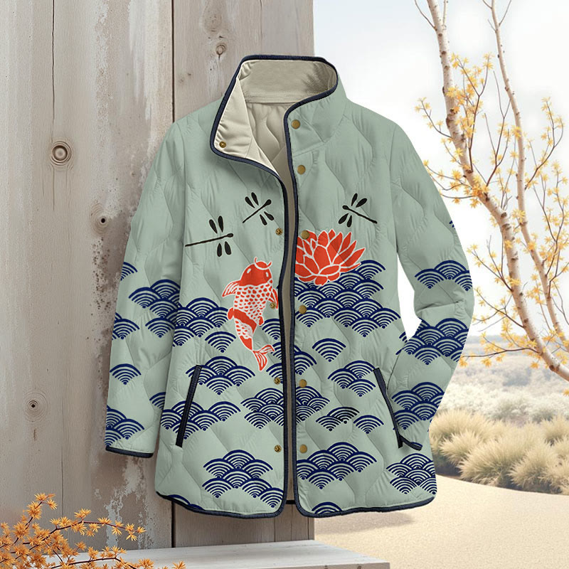 Japanese Style Koi Fish Dragonfly Wave Art Print Outerwear Jackets - Green - 4XL - image 3