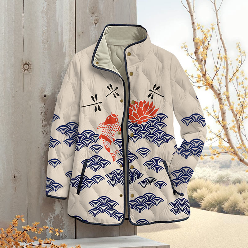 Japanese Style Koi Fish Dragonfly Wave Art Print Outerwear Jackets - Apricot - 4XL - image 1