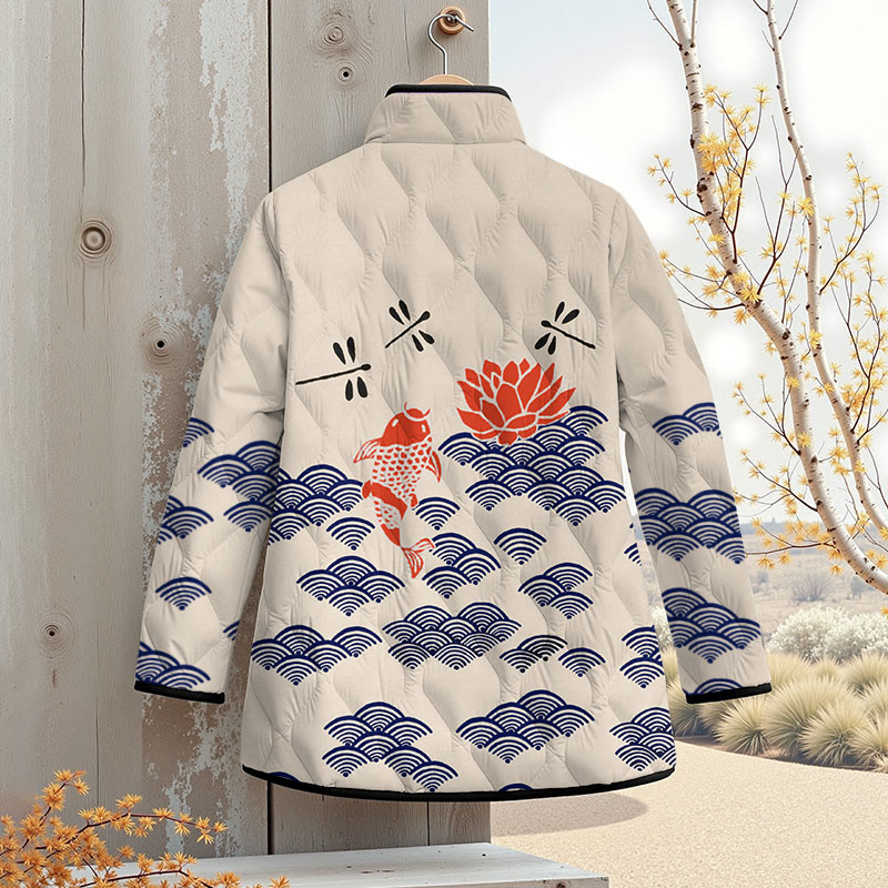 Japanese Style Koi Fish Dragonfly Wave Art Print Outerwear Jackets - image 2