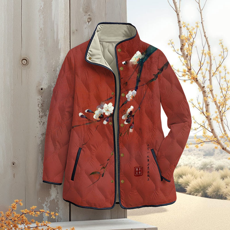 Vintage Plum Blossom Art Print Outerwear Jackets - Red - 4XL - image 1