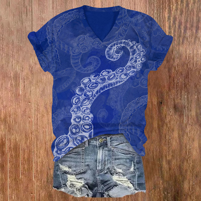 Octopus Print V-neck T-shirt - Blue - US32-34(5XL) - image 2