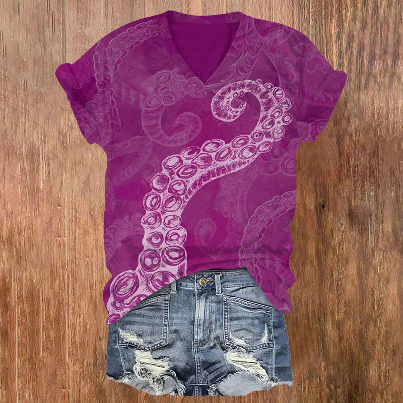 Octopus Print V-neck T-shirt - Rose - US32-34(5XL) - image 1