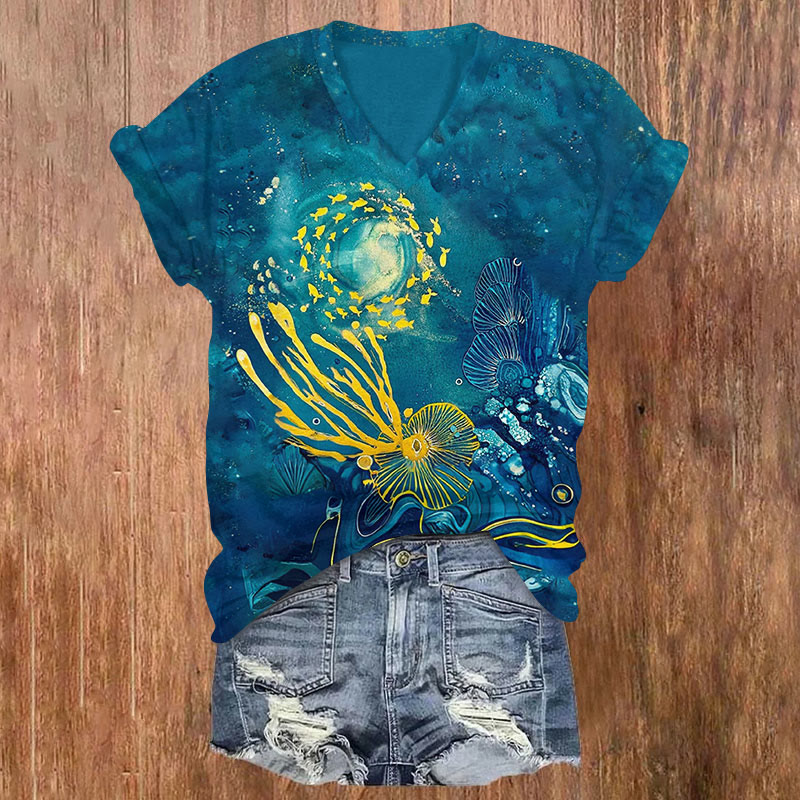 Ocean Fish Print V-neck T-shirt - Dark Blue - US32-34(5XL) - image 1