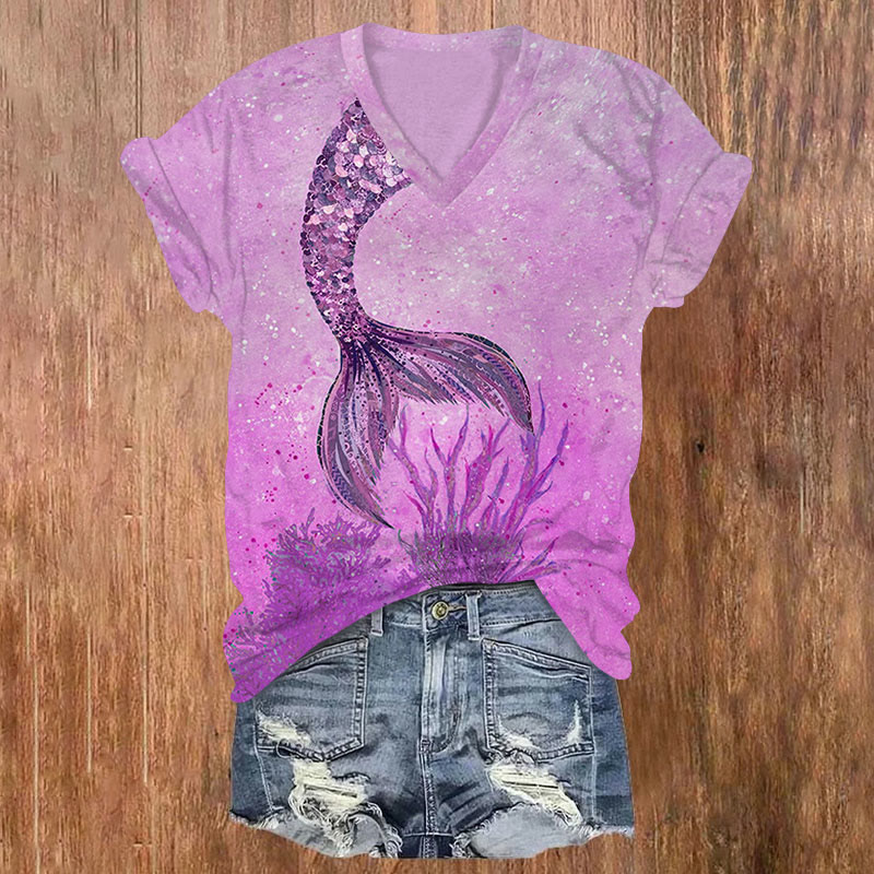 Ocean Mermaid Print V-neck T-shirt - Purple - US32-34(5XL) - image 2