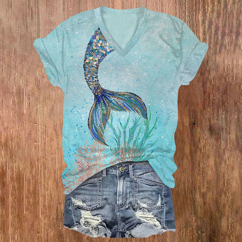 Ocean Mermaid Print V-neck T-shirt - Light Green - US32-34(5XL) - image 1