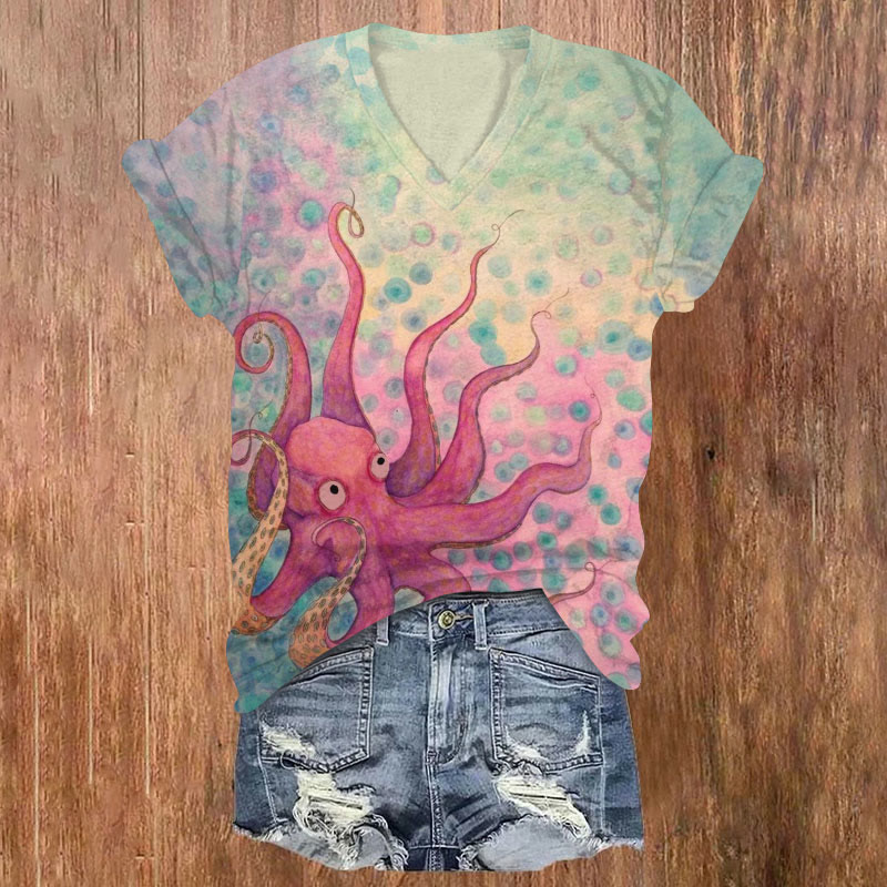 Watercolor Octopus Print V-neck T-shirt - Green - US32-34(5XL) - image 1
