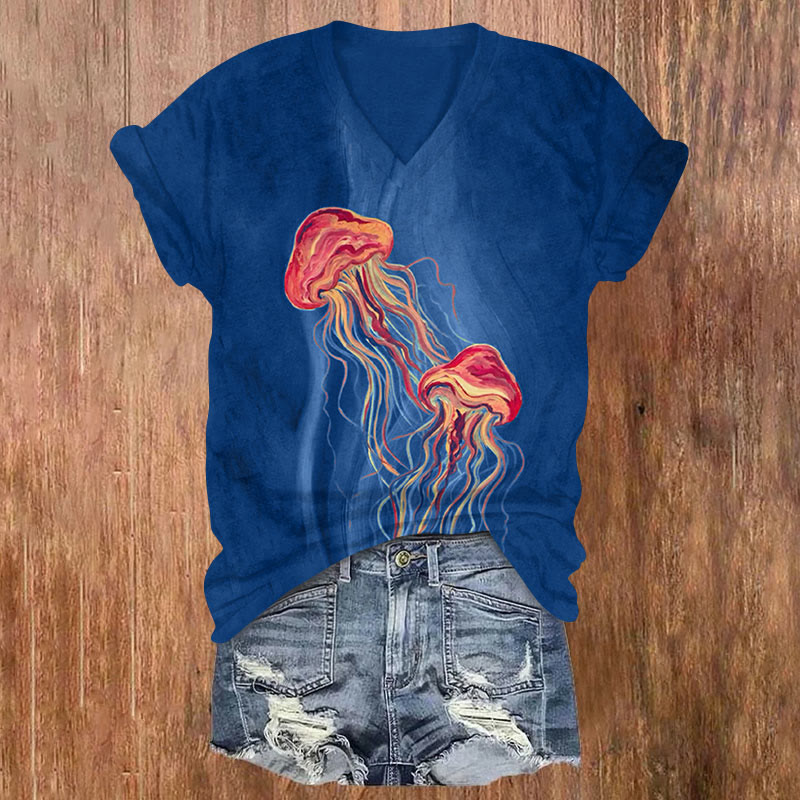 Ocean Jellyfish Print V-neck T-shirt - Blue - US32-34(5XL) - image 2
