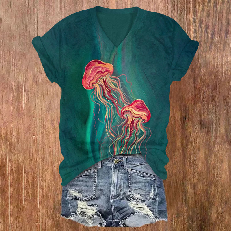 Ocean Jellyfish Print V-neck T-shirt - Green - US32-34(5XL) - image 1