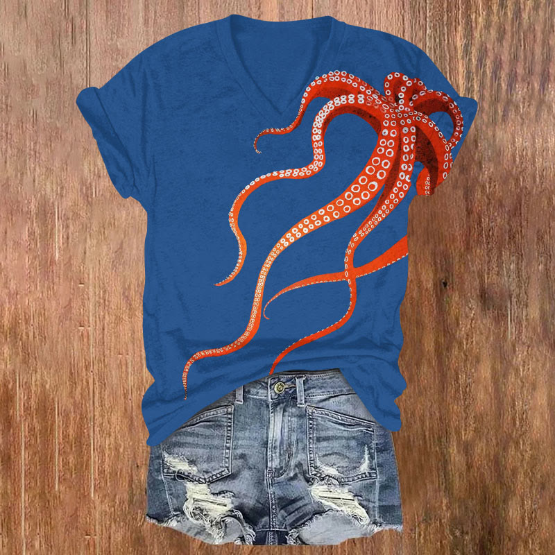 Ocean Octopus Print V-neck T-shirt - Blue - US32-34(5XL) - image 2