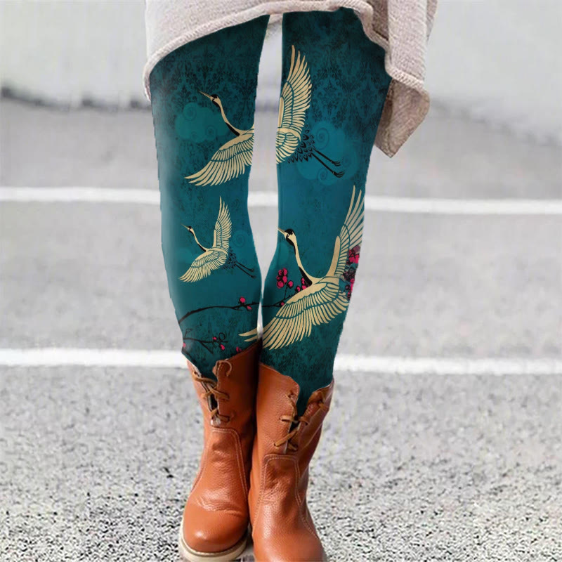 Japanese Style Crane Art Print Leggings - Dark Green - 5XL - image 1
