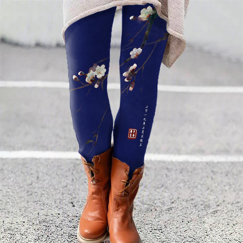 Vintage Plum Blossom Art Print Leggings - Navy Blue - 5XL - image 2