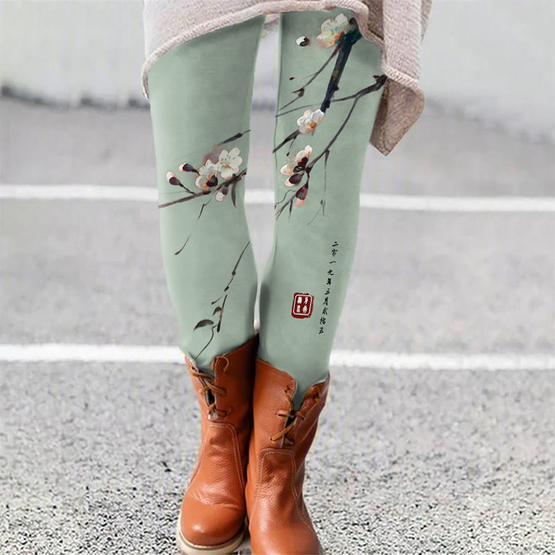 Vintage Plum Blossom Art Print Leggings - Green - 5XL - image 1
