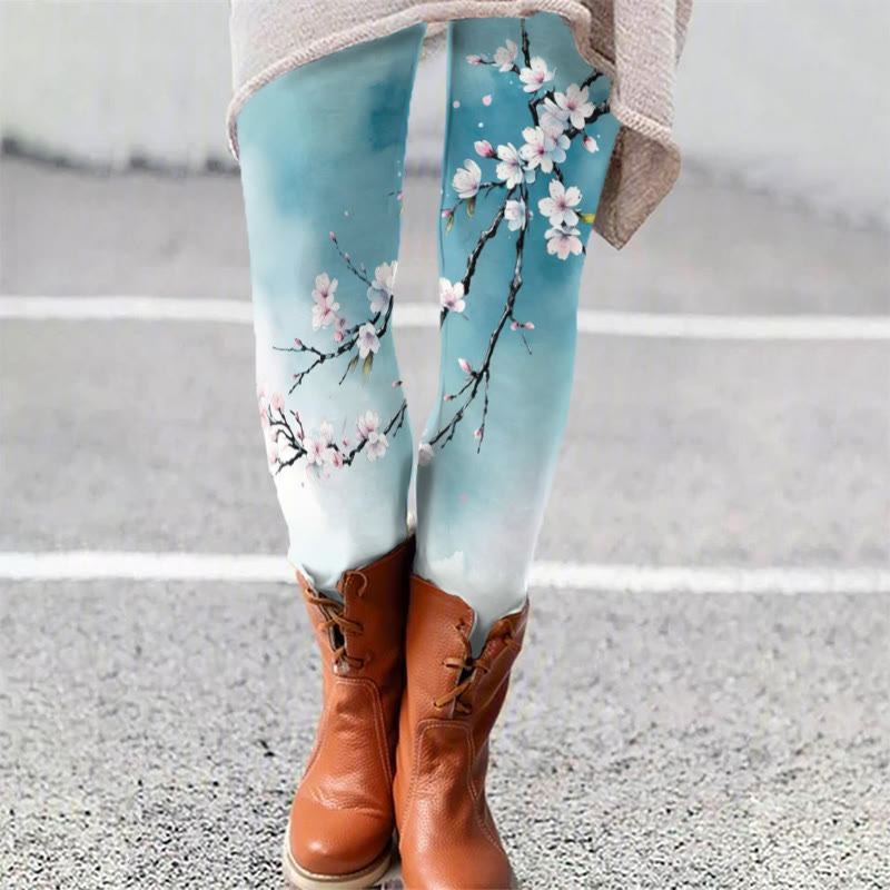 Japanese Ink Painting Flowers Art Print Leggings - Sky Blue - 5XL - image 1