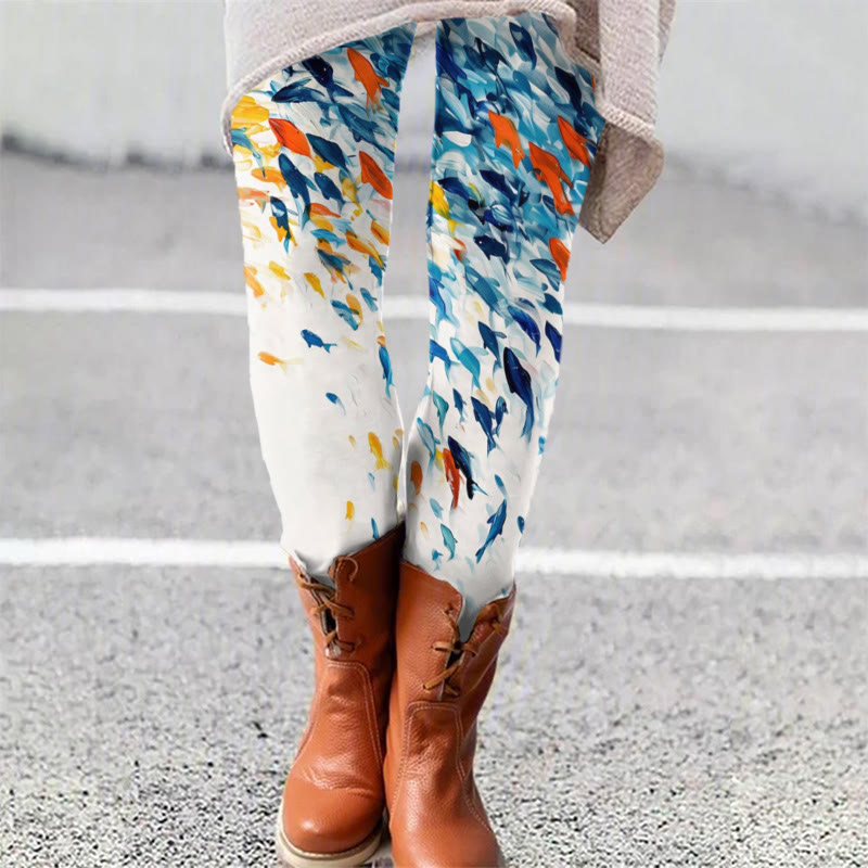 Vintage Abstract Watercolor Fish School Art Print Leggings - White - 5XL - image 1