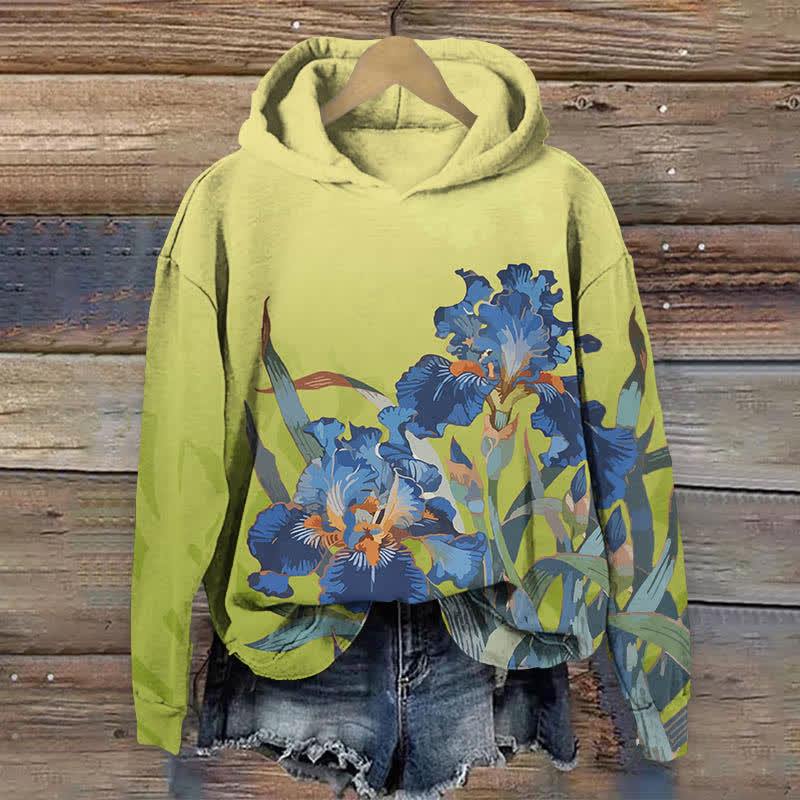 Japanese Vintage Van Gogh Iris Floral Print Long Sleeve Hoodie - Green - US44-46(8XL) - image 1