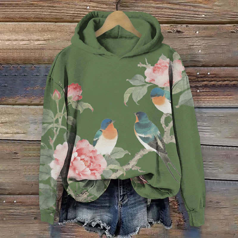 Vintage Rose Blossom & Bird Art Print Long Sleeve Hoodie - Green - US44-46(8XL) - image 2