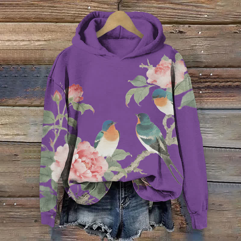 Vintage Rose Blossom & Bird Art Print Long Sleeve Hoodie - Purple - US44-46(8XL) - image 1