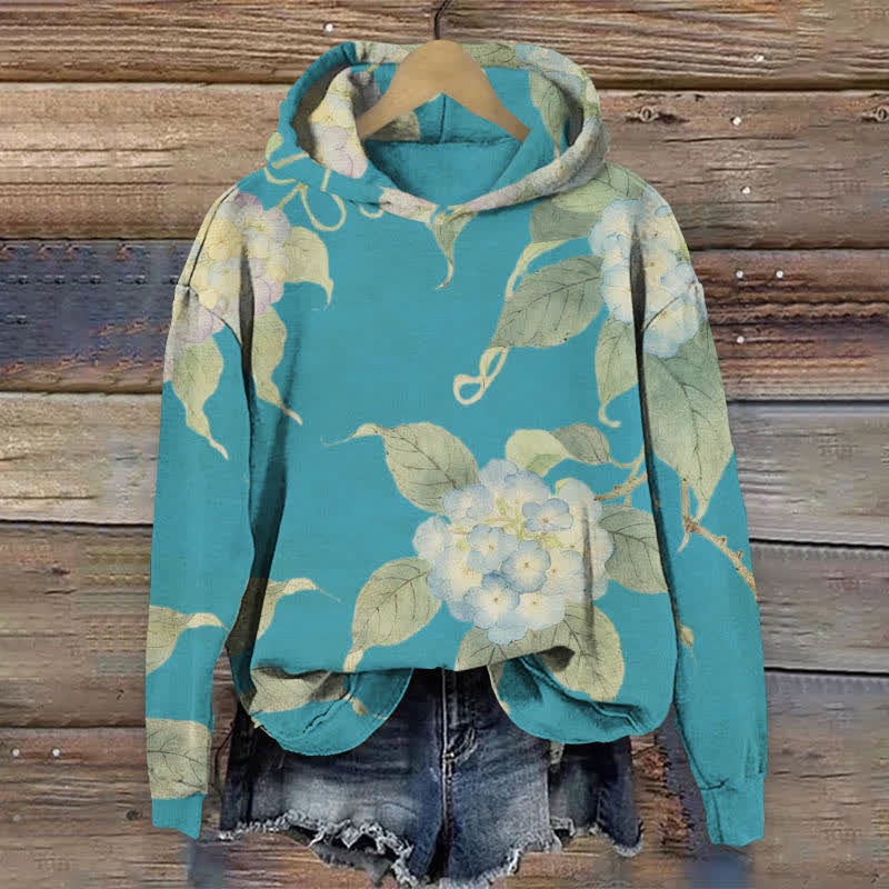 Japanese Watercolor Hydrangea Art Print Long Sleeve Hoodie - Blue - US44-46(8XL) - image 1