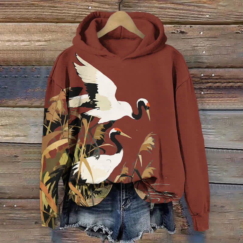 Japanese Oil Painting White Crane Art Print Long Sleeve Hoodie - Red - US44-46(8XL) - image 1