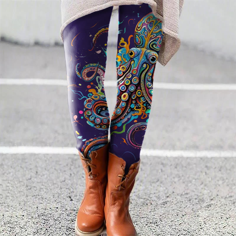 Vintage Rainbow Octopus Art Print Leggings - Purple - 5XL - image 4